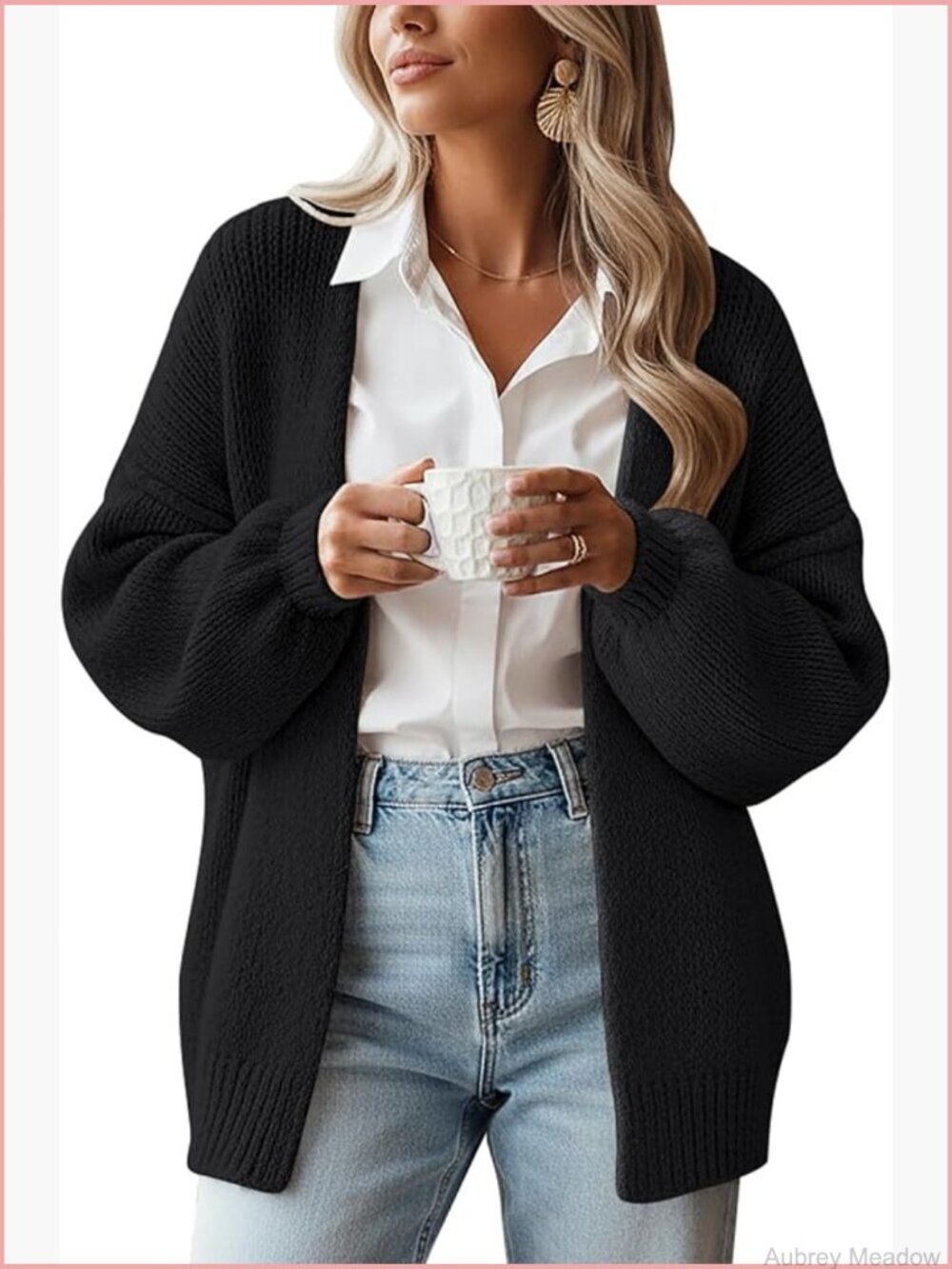 Oversized Chunky Knit Cardigan Lantern Sleeve Open Front Fall Winter